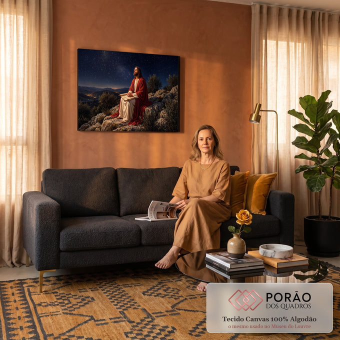 Jesus de manto vermelho sentado em rochas com pergaminho olhando o céu estrelado, quadro decorativo