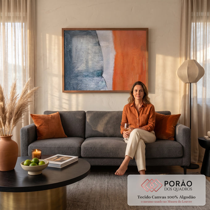 Quadro Decorativo Grande Abstrato Branco para Sala Cinza | quadros decorativos para sala de estar | blocos de cor cinza, branco e laranja em textura espessa de tinta | em ambiente 3 | Porao dos Quadros