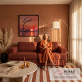 Corvos em silhueta numa árvore seca diante do pôr do sol vermelho refletido no mar, quadro decorativo