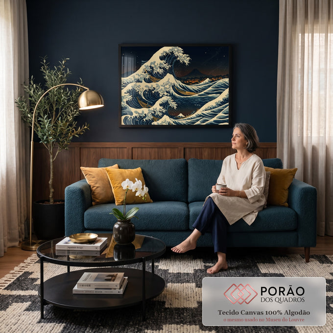 Quadro Decorativo Grande Onda de Hokusai para Sala Azul | quadros decorativos para sala de estar | grande onda azul sobre vilarejo japonês com montanha e céu estrelado ao fundo | em ambiente 3 | Porao dos Quadros