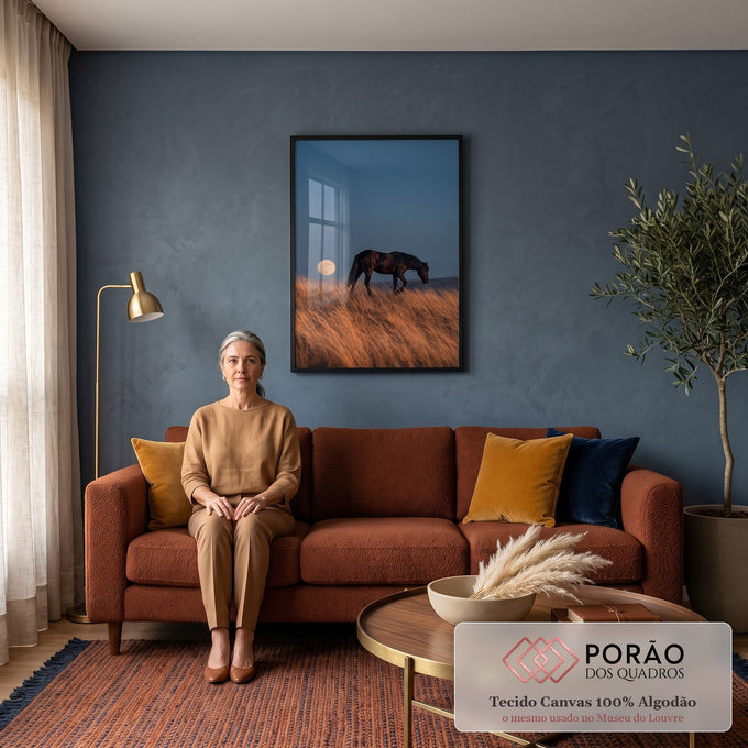 Cavalo negro caminhando em campo de grama dourada com lua cheia no céu azul, quadro decorativo
