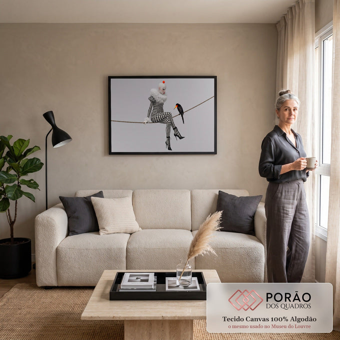 Quadro Decorativo Grande Arlequim Xadrez para Sala Preto | quadros decorativos para sala de estar | arlequim em xadrez preto e branco sentada numa corda ao lado de um pássaro preto | em ambiente 3 | Porao dos Quadros