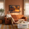 Quadro Decorativo Grande Veleiro Mar Calmo para Sala Laranja | quadros decorativos para sala de estar | veleiro branco navegando em mar calmo sob pôr do sol dourado com nuvens dramáticas | em ambiente 3 | Porao dos Quadros