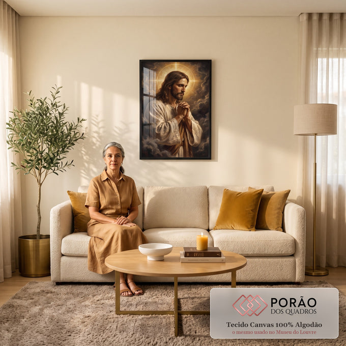 Quadro Decorativo Grande Jesus em Oração para Sala | quadros decorativos para sala de estar | Jesus Cristo em oração com auréola dourada e mãos unidas, fundo de nuvens | em ambiente 3 | Porao dos Quadros