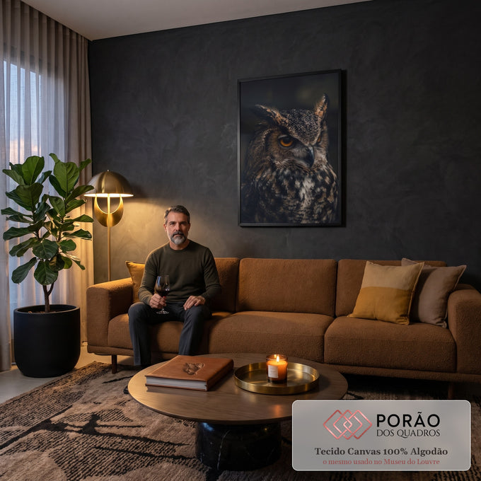 Coruja jacurutu em close com olhos âmbar, penachos e penas marrons sobre fundo preto, quadro decorativo