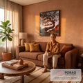 Quadro Decorativo Grande Árvore Retorcida para Sala Marrom | quadros decorativos para sala de estar | árvore com tronco curvo e raízes expostas sob luz dourada de entardecer | em ambiente 3 | Porao dos Quadros