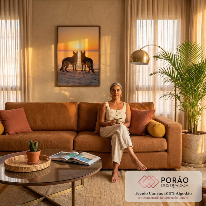 Dois pastores alemães em silhueta olhando o pôr do sol laranja sobre o mar na praia, quadro decorativo