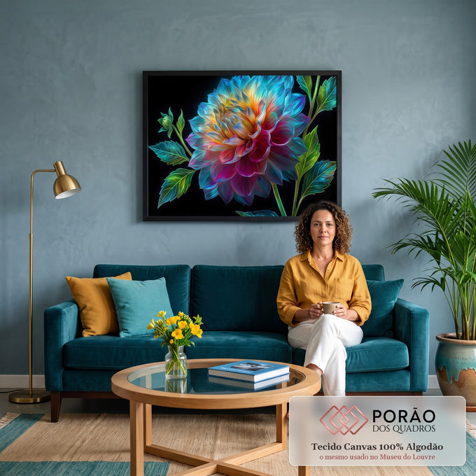 Quadro Decorativo Grande Dália Colorida para Sala Azul | quadros decorativos para sala de estar | dália em close com pétalas azuis, amarelas e magenta sobre fundo preto | em ambiente 3 | Porao dos Quadros