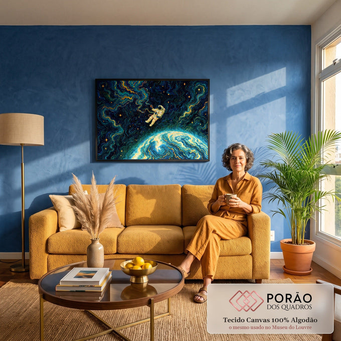 Astronauta flutuando sobre a Terra em céu estrelado com espirais azuis e douradas, quadro decorativo