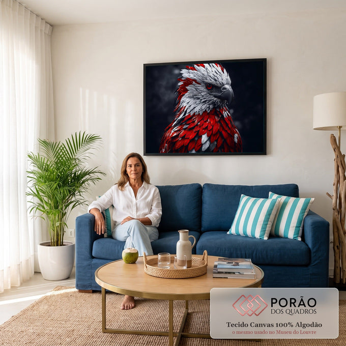 Águia de perfil com penas vermelhas e brancas, olho vermelho e bico cinza em fundo escuro, quadro decorativo