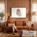 Quadro Decorativo Grande Mona Lisa em Line para Sala Bege | quadros decorativos para sala de estar | retrato feminino em line art inspirado na Mona Lisa sobre formas geométricas abstratas | em ambiente 3 | Porao dos Quadros