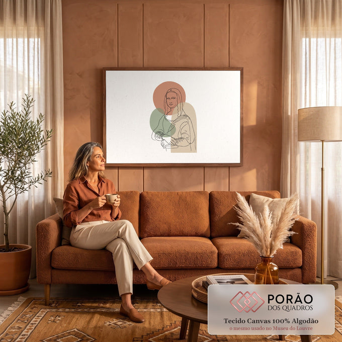Quadro Decorativo Grande Mona Lisa em Line para Sala Bege | quadros decorativos para sala de estar | retrato feminino em line art inspirado na Mona Lisa sobre formas geométricas abstratas | em ambiente 3 | Porao dos Quadros