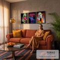 Quadro Decorativo Kit 3 Telas Rostos Surreais Neon para Sala | quadros decorativos para sala de estar | rosto verde surreal, figura em neon gritando e cabeça pop art colorida em três painéis | em ambiente 3 | Porao dos Quadros