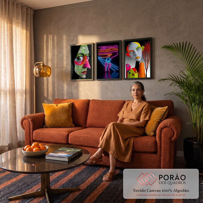 Quadro Decorativo Kit 3 Telas Rostos Surreais Neon para Sala | quadros decorativos para sala de estar | rosto verde surreal, figura em neon gritando e cabeça pop art colorida em três painéis | em ambiente 3 | Porao dos Quadros