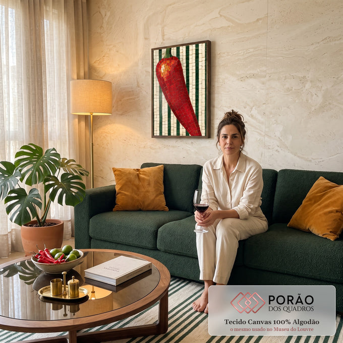 Quadro Decorativo Pimenta Vermelha em Mosaico com Fundo | quadros decorativos para sala de estar | pimenta vermelha em estilo mosaico sobre fundo listrado bege e verde escuro | em ambiente 3 | Porao dos Quadros