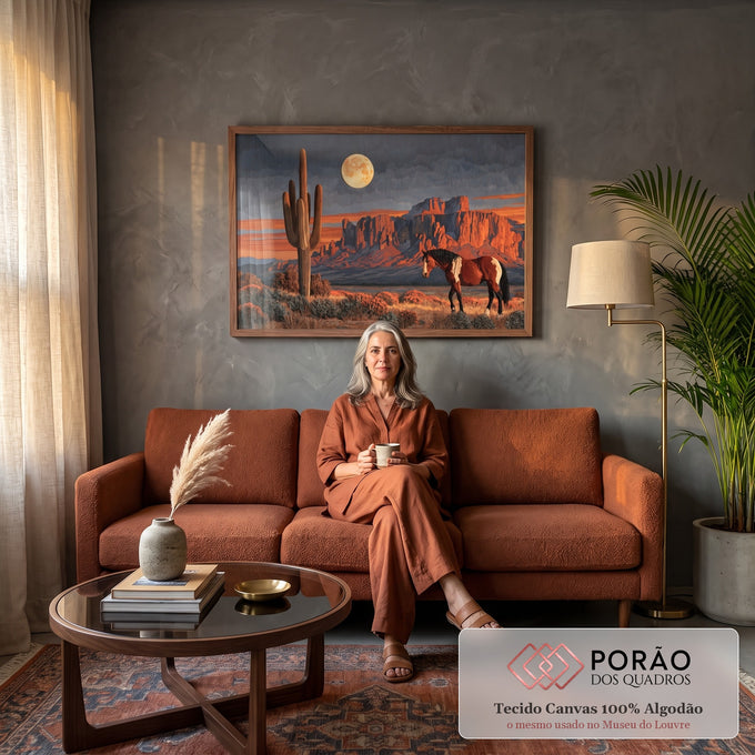 Quadro Decorativo Cavalo no Deserto com Cacto e Lua Cheia | quadros decorativos para sala de estar | cavalo pampa caminhando em deserto com cacto saguaro e lua cheia ao entardecer | em ambiente 3 | Porao dos Quadros
