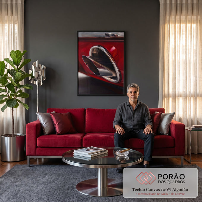 Close realista de escapamento cromado em carro vermelho, pintura a óleo, quadro decorativo
