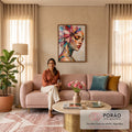 Mulher de perfil com olhos fechados, flor de pétalas coloridas e folha de ouro em óleo, quadro decorativo