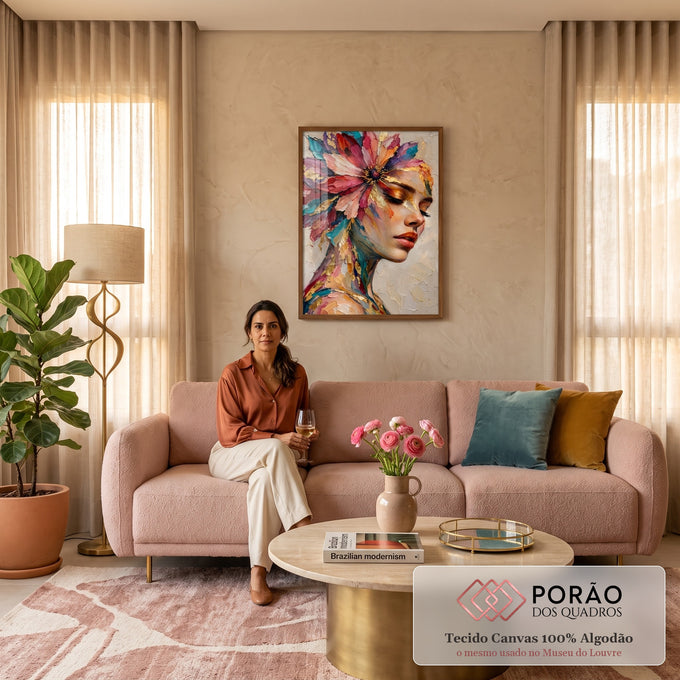 Mulher de perfil com olhos fechados, flor de pétalas coloridas e folha de ouro em óleo, quadro decorativo