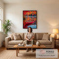 Quadro Decorativo Canoa Vermelha em Lago no Outono | quadros decorativos para sala de estar | canoa vermelha vazia flutuando em lago espelhado cercado por árvores de outono coloridas | em ambiente 3 | Porao dos Quadros