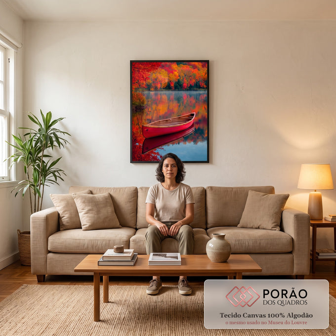 Quadro Decorativo Canoa Vermelha em Lago no Outono | quadros decorativos para sala de estar | canoa vermelha vazia flutuando em lago espelhado cercado por árvores de outono coloridas | em ambiente 3 | Porao dos Quadros