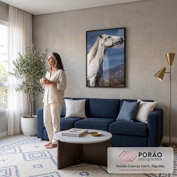 Cavalo tordilho branco de perfil com crina ao vento, céu azul e montanhas ao fundo, quadro decorativo
