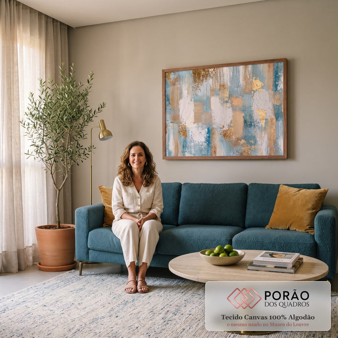 Pintura abstrata em faixas azul-turquesa, bege e branco com textura e folha de ouro, quadro decorativo