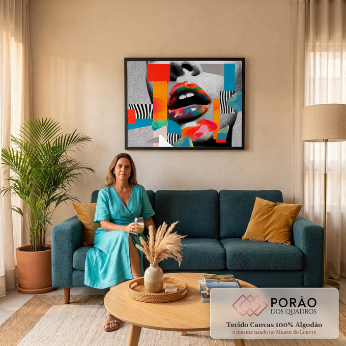 Lábios coloridos sobre rosto em preto e branco com recortes laranja, azuis e listras, quadro decorativo