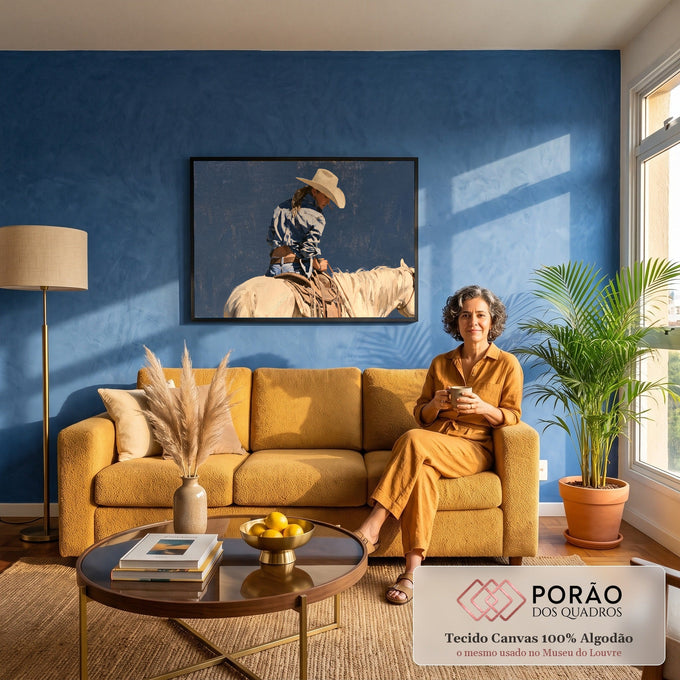 Quadro Decorativo Grande Cowgirl de Chapéu para Sala Azul | quadros decorativos para sala de estar | cowgirl de chapéu branco montada em cavalo creme sobre fundo azul | em ambiente 3 | Porao dos Quadros
