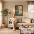 Quadro Decorativo Grande Jesus Caminhando Milagre para Sala | quadros decorativos para sala de estar | Jesus de túnica branca caminhando sobre a água com reflexo e luz suave ao fundo | em ambiente 3 | Porao dos Quadros