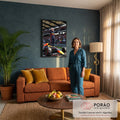 Quadro Decorativo Grande Piloto de Corrida para Sala Azul | quadros decorativos para sala de estar | piloto de corrida em pé sobre o carro comemorando com os braços erguidos | em ambiente 3 | Porao dos Quadros
