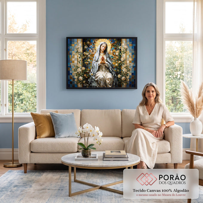 Virgem Maria em prece com auréola dourada entre rosas brancas sobre mosaico azul, quadro decorativo