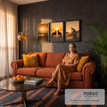 Quadro Decorativo Kit 3 Telas Surfistas e Cães para Sala | quadros decorativos para sala de estar | surfistas, cães pastor alemão e surfe ao pôr do sol em tons dourados | em ambiente 3 | Porao dos Quadros