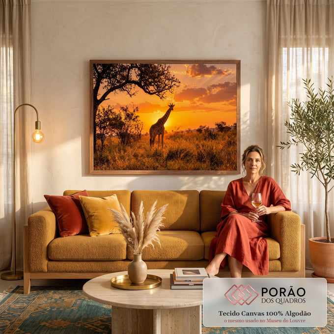 Quadro Decorativo Grande Girafa Pôr do Sol para Sala | quadros decorativos para sala de estar | girafa em savana africana durante pôr do sol com céu laranja intenso | em ambiente 3 | Porao dos Quadros