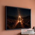 Jesus iluminado caminhando em trilha no deserto à noite sob a Via Láctea, quadro decorativo