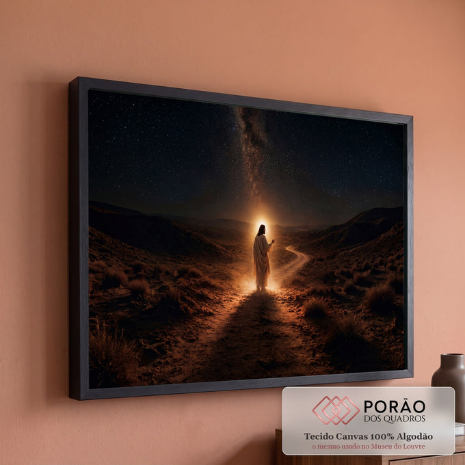 Jesus iluminado caminhando em trilha no deserto à noite sob a Via Láctea, quadro decorativo
