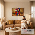 Três mulheres africanas de costas com potes coloridos na cabeça em pintura a óleo dourada, quadro decorativo