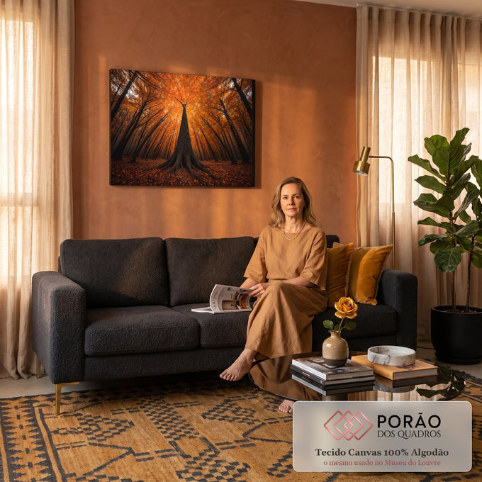 Quadro Decorativo Grande Floresta Árvores para Sala Laranja | quadros decorativos para sala de estar | floresta de outono vista de baixo com copa densa em tons laranja e âmbar | em ambiente 3 | Porao dos Quadros