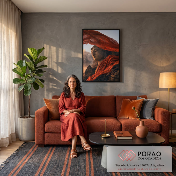 Quadro Decorativo Buda de Pedra com Véu Vermelho ao Vento | quadros decorativos para sala de estar | estátua de Buda em pedra com véu vermelho voando ao vento sobre montanhas | em ambiente 3 | Porao dos Quadros