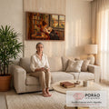 Pintura a óleo de mulher lendo em poltrona vermelha junto à janela com vista de vilarejo, quadro decorativo