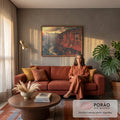 Quadro Decorativo Cânion Vermelho com Rio ao Pôr do Sol | quadros decorativos para sala de estar | cânion de rocha vermelha com rio sinuoso e céu dramático ao pôr do sol | em ambiente 3 | Porao dos Quadros