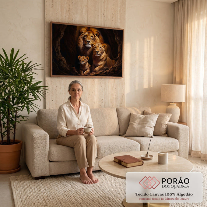 Leão de juba farta, leoa e filhote juntos em toca rochosa escura, pintura realista quadro decorativo