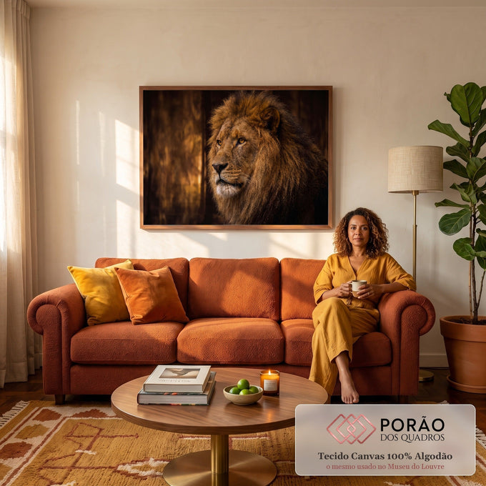 Quadro Decorativo Grande Leão Juba Dourada para Sala | quadros decorativos para sala de estar | retrato de leão com juba dourada e olhar fixo sobre fundo escuro | em ambiente 3 | Porao dos Quadros