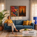 Quadro Decorativo Kit 2 Telas Folhas de Outono para Sala | quadros decorativos para sala de estar | folhas de bordo molhadas de chuva ao lado de árvore alta com copa dourada | em ambiente 3 | Porao dos Quadros