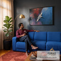 Quadro Decorativo Grande Nave Espacial Branca para Sala Azul | quadros decorativos para sala de estar | nave espacial branca sobrevoando planeta azul com nebulosa vermelha ao fundo | em ambiente 3 | Porao dos Quadros