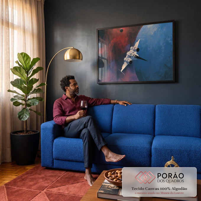 Quadro Decorativo Grande Nave Espacial Branca para Sala Azul | quadros decorativos para sala de estar | nave espacial branca sobrevoando planeta azul com nebulosa vermelha ao fundo | em ambiente 3 | Porao dos Quadros