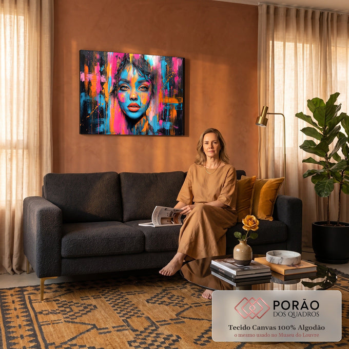 Quadro Decorativo Grande Retrato Feminino Azul para Sala | quadros decorativos para sala de estar | rosto feminino pintado em azul laranja e rosa com tinta escorrida ao fundo | em ambiente 3 | Porao dos Quadros