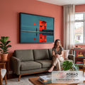 Casa vermelha, sol e homem de chapéu refletidos na água azul, arte surreal, quadro decorativo