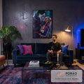 Quadro Decorativo Grande Palhaços na Chuva para Sala Roxo | quadros decorativos para sala de estar | casal com maquiagem de palhaço sob chuva intensa em tons roxo e neon | em ambiente 3 | Porao dos Quadros