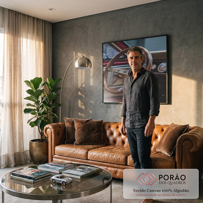 Volante clássico de madeira com raios cromados e emblema Mustang em interior vintage, quadro decorativo